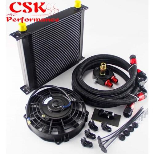 AN10 Universal 34 Row ENGINE Oil Cooler + FILTER ADAPTER +7" Electric Fan Kit BK