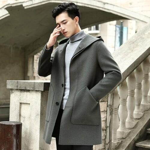 Spring Wool Coat Hooded Double-sided Woolen Long Jacket Men Peacoat Overcoat Windbreaker Abrigo Hombre T-24-069 KJ1388