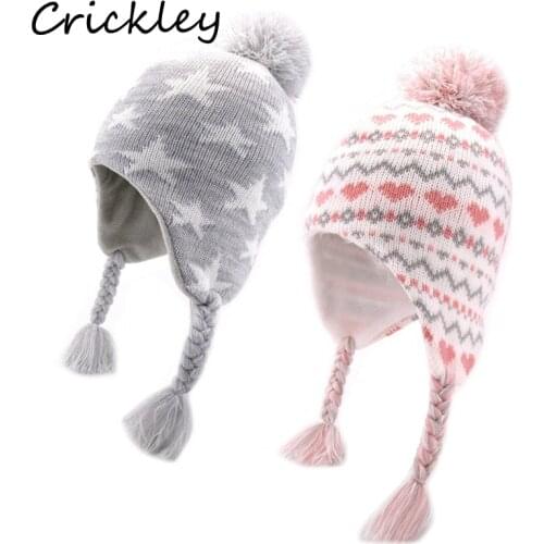Girls Knitting Beanies Lovely Stars Heart Pattern Hats Cute Acrylic Plait Big Fur Ball Kids Caps Winter Fashion Keep Warm Hats