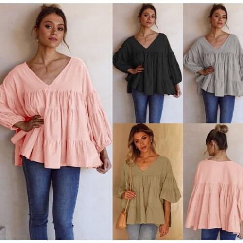 Women T-Shirts Autumn 2021 Sexy V Neck Solid Color Ruffles Beach Style Loose Patchwork Long Flare Sleeve C2758