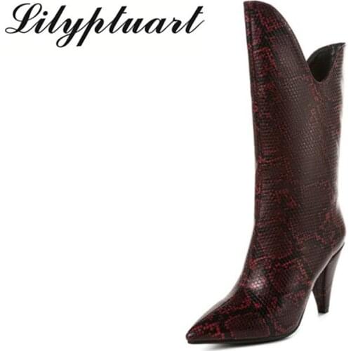 2019 autumn high profile with middle boots pointed female boots leopard print short boots womens shoes dark red brown