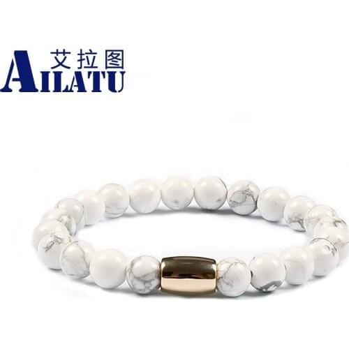 Ailatu New Design Natural 8 mm White Howlite Stone with Electroplate Zinc Alloy Bucket Charm Bracelet Jewelry