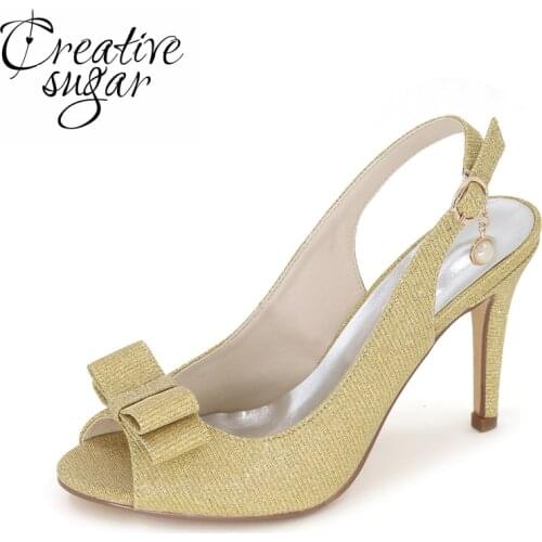 Creativesugar Sparkle glitter slingback open toe woman pumps with bow wedding party cocktail dress gold silver blue black silver