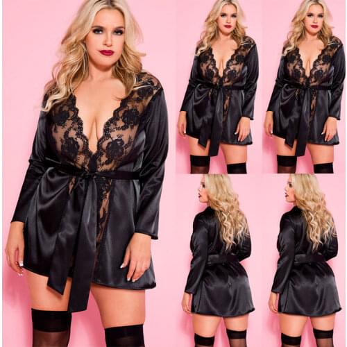 Lingerie New Women Lace Kimono Robe Dress Ladies Silk Long Sleeve Lace Up Deep V-neck Babydoll Nightgown Sleepwear Plus Size