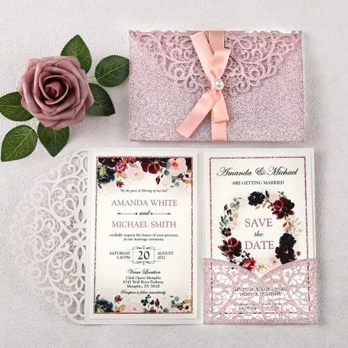 50PCS Wedding Invitations Rose Gold Glitter Laser Cut Hollow Invitations Pockets for Wedding, Quinceanera, Party