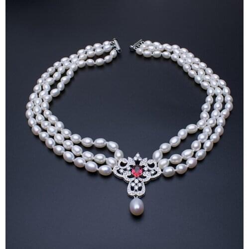 7-8mm Rice Natural Freshwater Pearl 3 Rows Necklace Elegant Lady Pearl Necklace Genuine Pearl Jewelry Customized Length Necklace