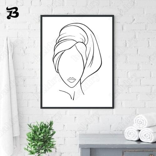 Abstract Lines Figure Painting Woman Wearing Headscarf Wall Art Poster and Print Line Drawing Wall Picture for Bathroom Decor