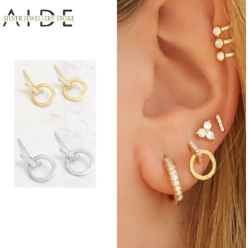 AIDE Exquisite Geometric Stud Earrings for Women Simple Cute Small Triangle Round Pierced Earings Silver 925 Jewelry kolczyki