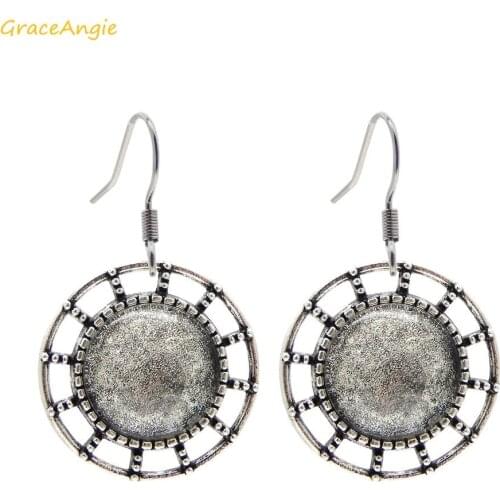 GraceAngie 10pair/lot Zinc Alloy Antique Silver Earring Wire Hook Dangle Setting Blank Tray with Clear Glass Cover Cabochon