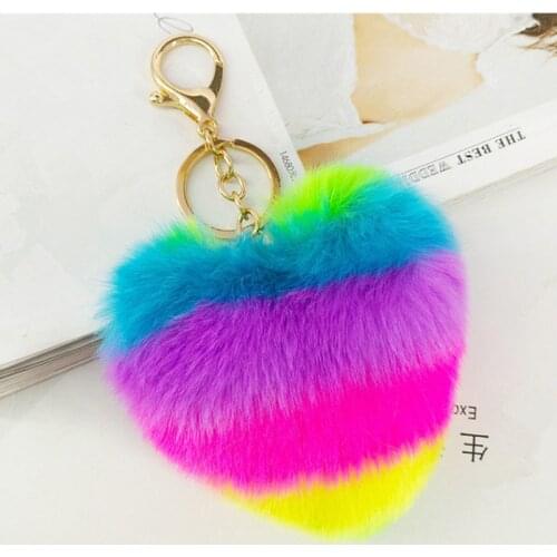 15x10cm Multi-Color Heart Fur Keychain Fluffy Faux Rabbit Fur Pompom Key Chain Keyring Car Bag Pendant for Women Fashion Gifts