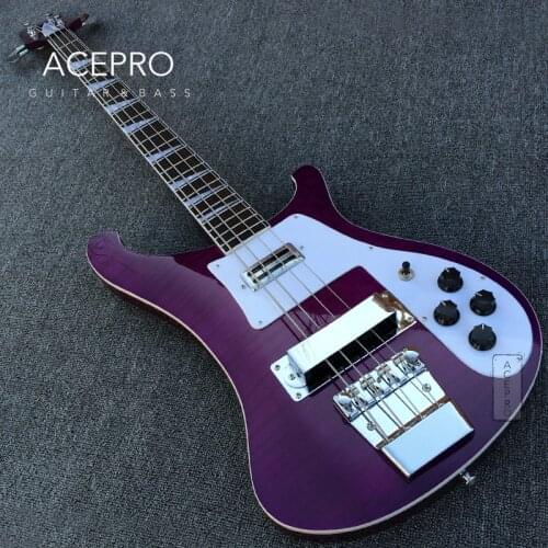 Purple Color Electric Bass guitar with Flame Maple top, Chrome Hardware 22 Frets, 4 string Electric Bass, White Pickguard