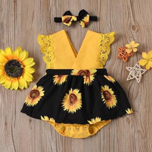 Baby Girl Sleeveless Sunflower Print Jumpsuit+Headband Set Outfit Newborn Clothes Childrens Clothing for 0-24 Months
