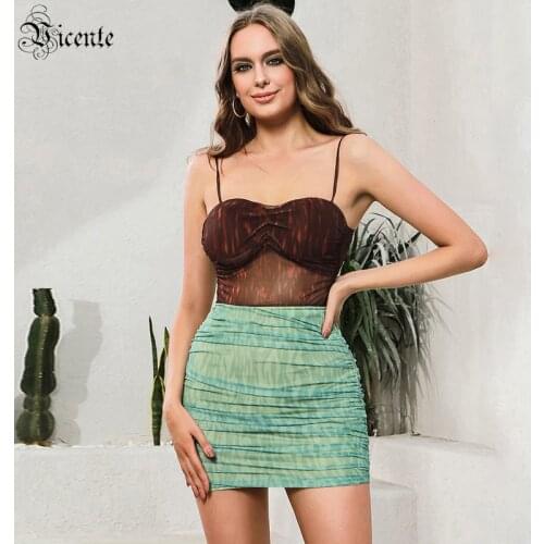 VC Two-piece Suit Top And Skirt Contrast Color Mesh Draped Design Sexy Mini Skirt For Wommen 2021 Summer
