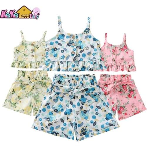 Kids Girls Clothing Sets Summer 2021 Fashion Sleeveless T-shirt Print Bow Shorts Flower 2Pcs For Toddler Children Clothes Outfit