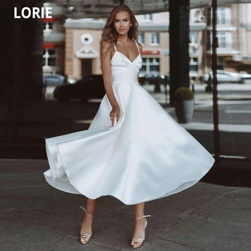 LORIE Short White Wedding Dresses Tea-Length V-Neck Beach Bridal Gowns Spaghetti Straps Open Back Simple Country Party Dress