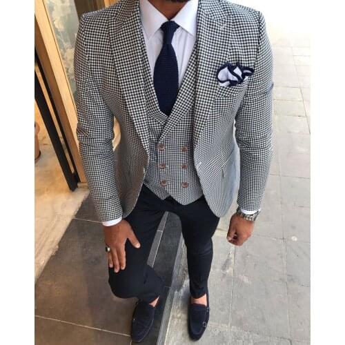Mens Houndstooth Three Piece Suit Mens Slim Fit Dress Suit Fashion Plaid Checked Blue Purple for Wedding (Jacket+Pant+Vest)