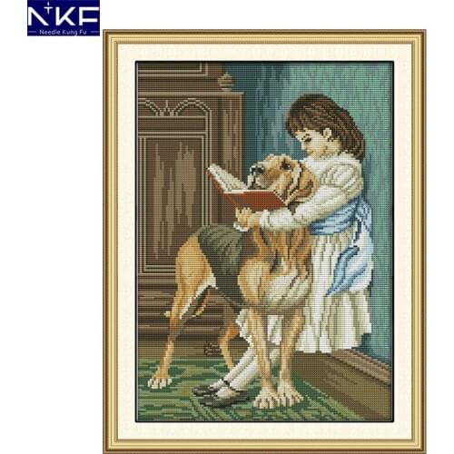 NKF The Girl and Her Dog Reading A Book Together Cross-stitch Kit Needlework Cross Stitch Kit Embroidery Threads with Cross Set