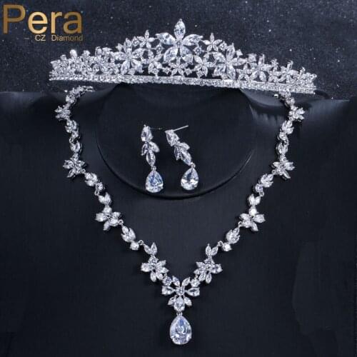Pera Luxury Bridal Wedding 3 Pcs Jewelry Big Cubic Zirconia Flower Long Drop Necklace Earring And Crown Tiara Set For Women J029