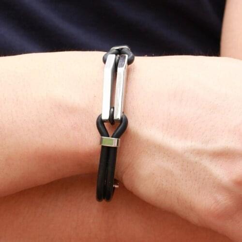 Fashion Gift Brand Stainless Steel Jewelry Silver Color Black Silicone Charm Bangle Design Bracelets for Men Size Adjustable