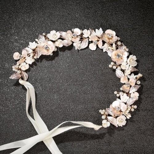Golden Leaf Ceramic Flower Rhinestone Headband, Handmade Freshwater Pearl Bridal Headband Jewelry Wedding Hair Accessories