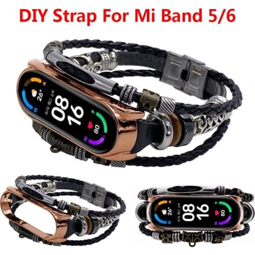 Retro Strap For Mi Band 5 6 Strap Wristband Leather Bracelet Replacement Beading Strap For Mi 5 6 Weave Rope Band Accessories