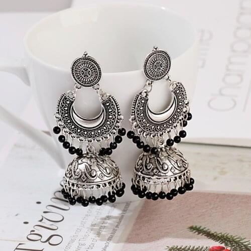 New Retro Sector Silver Color Turkish Bells Indian Jhumka Earrings Womens Vintage Turkey Boho Beads Tassel Earrings