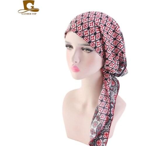 Muslim Pre-Tied Scarf Chemo Beanies Bonnet Caps Women Print Flower Soft Turban Hat Headscarf Wrap Cancer Hair Accessories