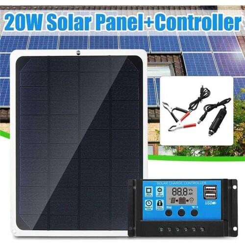 20W Solar Panel with Car Charger 50A/40A/10A Dual USB Solar Controller Module for Car RV Boat Home Roof Vans Camping