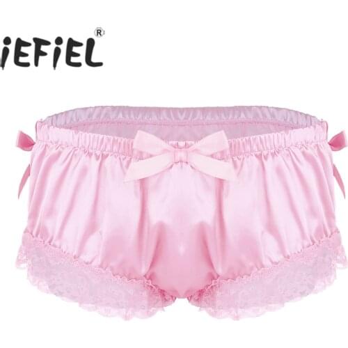 Mens Sissy Panties Shiny Soft Satin Lingerie Ruffled Floral Lace Cute Bowknot Knickers Sexy Briefs Male Gay Underwear Underpants