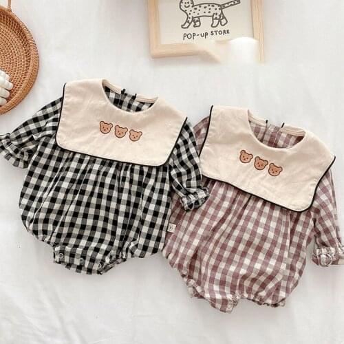 Spring Autumn Baby bear Cartoon Bodysuit New Born Clothes Turn Down Collar Long Sleeve plaid clothes