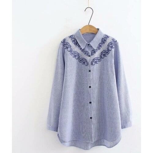 Plus size turn-down collar long sleeve cotton blouse women 2019 blue & red striped Embroidered shirt spring autumn ladies tops