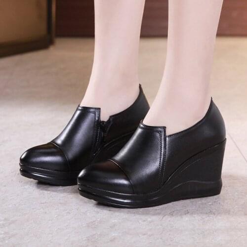 Big Size 32-43 Leather Shoes Woman High Heels Winter Footwear 2021 Gladiator Deep Platform Pumps with fur Wedges Shoes for Women