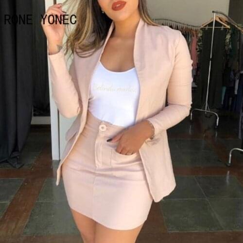 Women Elegant Solid pocket Long Sleeves Bodycon Short Blazer work skirt Sets