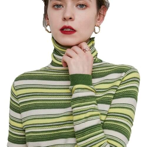 Turtleneck Ladies Sweater Jumper High-neck Stripe Blended Wool Knitted Sweaters Pullover Autumn Winter Bottoming Shirt Female