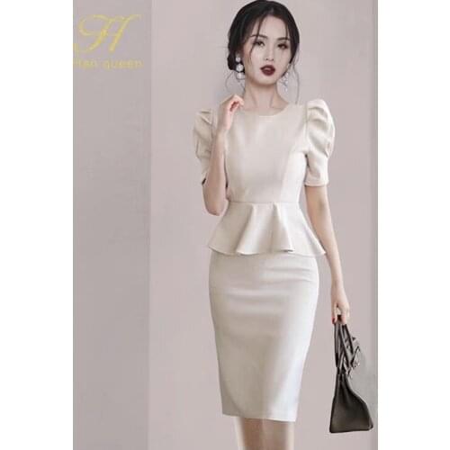 H Han Queen 2021 Summer Puff Sleeve Ruffle Korean Sheath Pencil Dress Women Office Bodycon Dresses Casual Business Vestidos