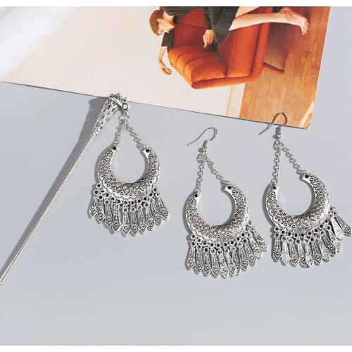 2pcs Ethnic Earring And Hairpin Set Jhumka Earrings For Women Indian Jewelry Pendant Hair Stick Hair Accessories Tassel Earrings