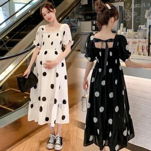 2021 Summer Korean Fashion Maternity Long Dress Elegant A Line Clothes for Pregnant Women Sweet Polka Dot Pregnancy