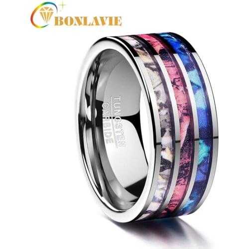 BONLAVIE 3 Colors Camouflage Tungsten Ring 10MM Polished Colorful Tungsten Carbide Ring For Man Anniversary Engagement Jewelry