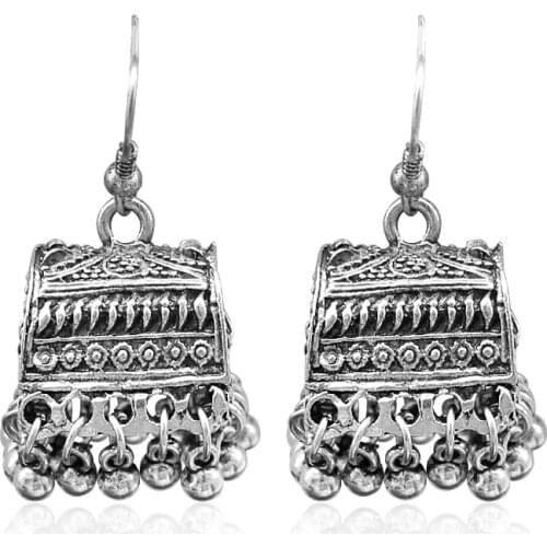 Bronze Ancient Silver Carved Treasure Chest Pendant Earrings Exaggerated Ethnic Beads Tassel Earrings Exotic Holiday Jewelry