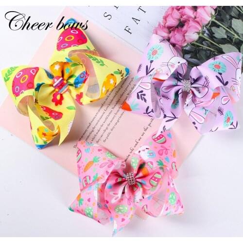 Cheer Bows NEW Easter Day 6inch Hair Bows Clips for Girls Cartoon Bunny Eggs Printed Ribbon Bowknot Hairgrips Hair Accessories