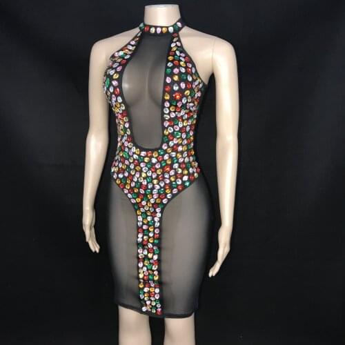 Multi-color Rhinestone Black Dress Bar Women Dance Show Transparent Outfit Birthday Celebrate Prom Party Short Dress