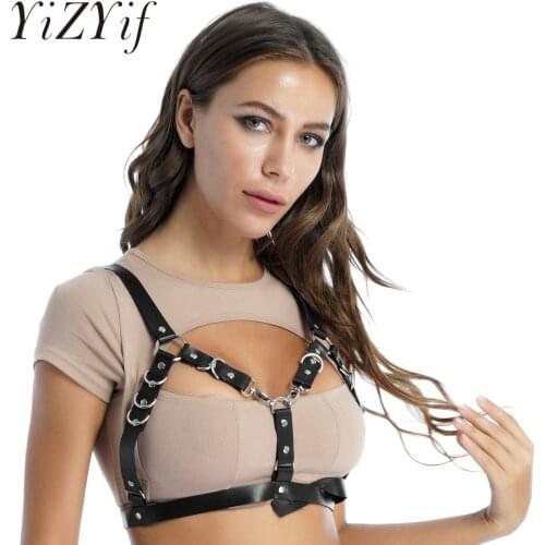 Black Womens Sexy Rivet Chest Harness Belt Adjustable Buckle Straps Faux Leather Bra Tops Clubwear Open Front Cosplay Costume