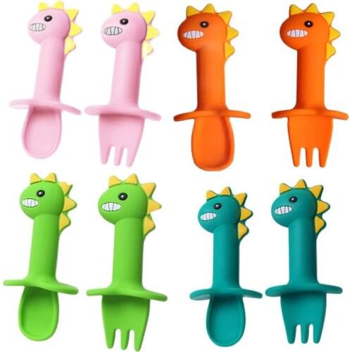 Baby Silicone Spoon Fork Set Cartoon Dinosaur Short Handle Simple Spoon Toddlers Infant Silicone Tableware Feeding Accessories