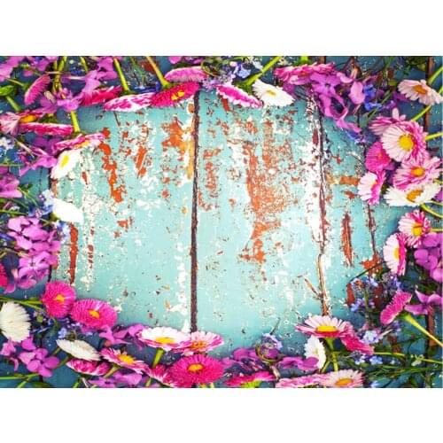 Planks Backdrop Blue Board and Purple Flowers Photography Background Holiday Celebration Photo Booth Studio Decor