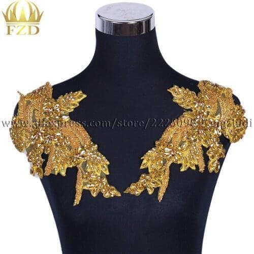 FZD 1 Pair Handmade Gold Bodycon Beaded Appliques for Clothes DIY Apparel Fashion Strass Trim Woman Clothing Dress Decoration