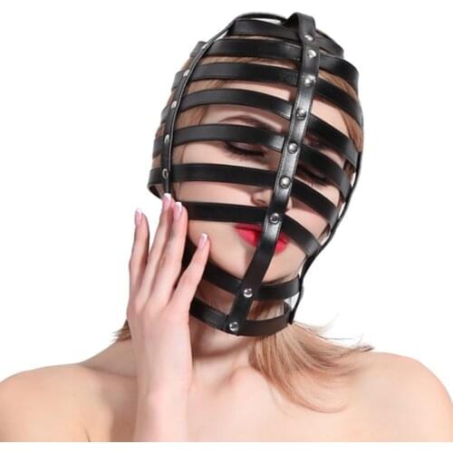 Gothic Costume of Slave Adjustable Leather Kinky Strappy Cage Bondage Hood for Men Women Fetish Cosplay Halloween Head Mask