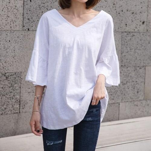 Cotton White Women T-shirts 2021 Summer New V-neck Short-sleeved Loose Casual All Match Female Pulls Tops Tees