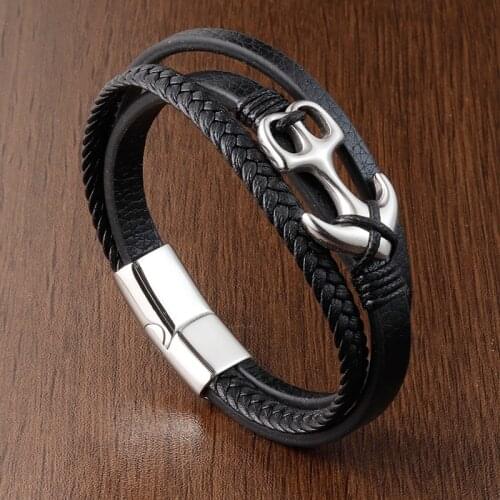 Combination Small Accessories Stainless Steel Mens Leather Anchor Bracelet Multilayer Weaving For Boys Birthday Gift