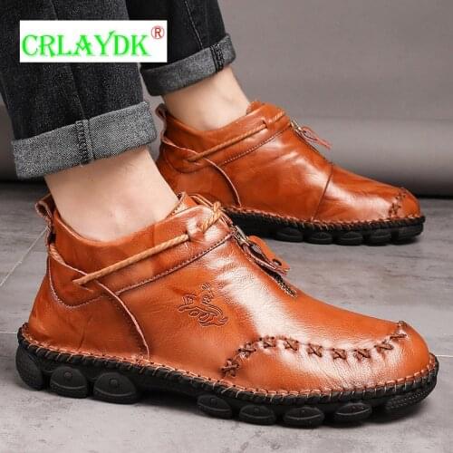CRLAYDK New Zipper Boots Fashion Mens Leather Ankle Casual Vintage Shoes Genuine Cowhide Outdoor Climbing High Top Sneakers