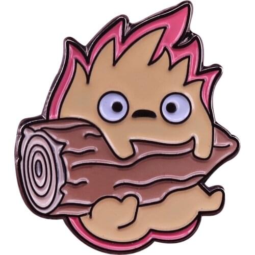 Cute Calcifer wood badge Howls Moving Castle pin funny fire demon badge anime Geek gamer accessory